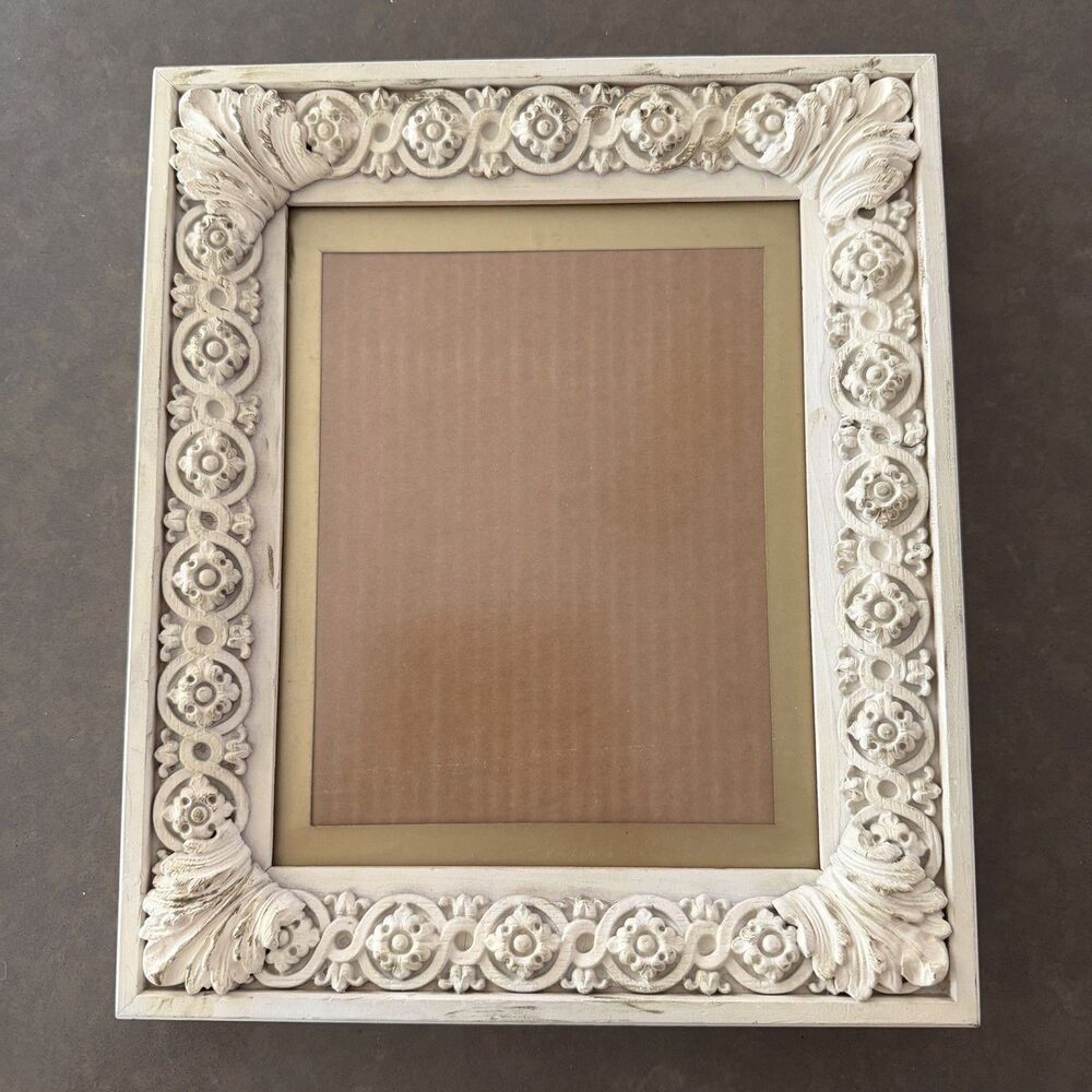 Vtg ornate, white, Baroque-style Carved Wood frame For Artwork